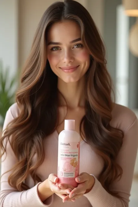 A hyper-realistic image of a teenage girl blogger, with long, beautiful, and voluminous hair, promoting a hair care product. She is holding the product with a confident smile, her hair flowing around her as she gestures toward it. The background is modern ...