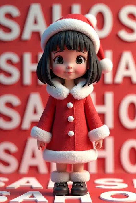  three-dimensional image of a short dark-haired girl dressed as Santa。Put the letters Saho Saho in the background 