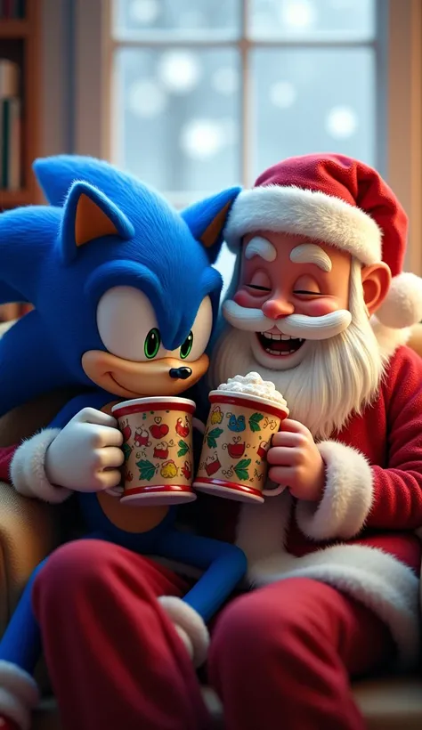 Sonic and Santa Claus are sitting on a comfortable couch ,  sipping hot chocolate with large mugs decorated with Christmas themes .  They laugh together while snowflakes are still visible through the window in the background.