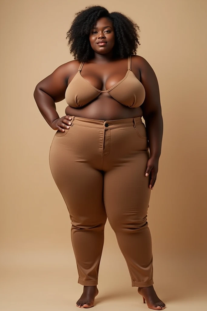 Create an image of a chocolate, chubby lady with big boobs and a big belly. Let it be a full photos wearing trousers