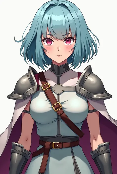 Illustration of an adult woman with short light blue hair, Light pink eyes ,  Raised Eyes, innocent face, Strong expression , battle dress,  bangs covering straight eyebrows