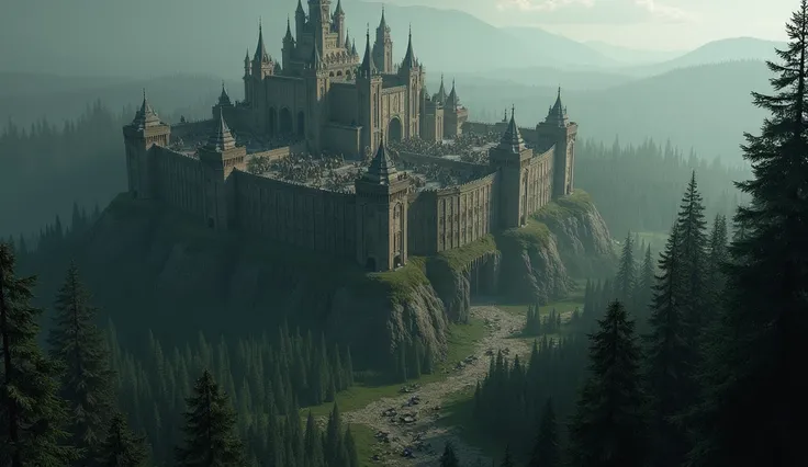 Realistic landscape with big castle-city, in dark forest, in medieval style, 
birds eye view