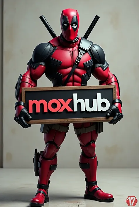 Deadpool en strong avec une pancarte MOXHUB ecrite avec l’écriture de PORNHUB