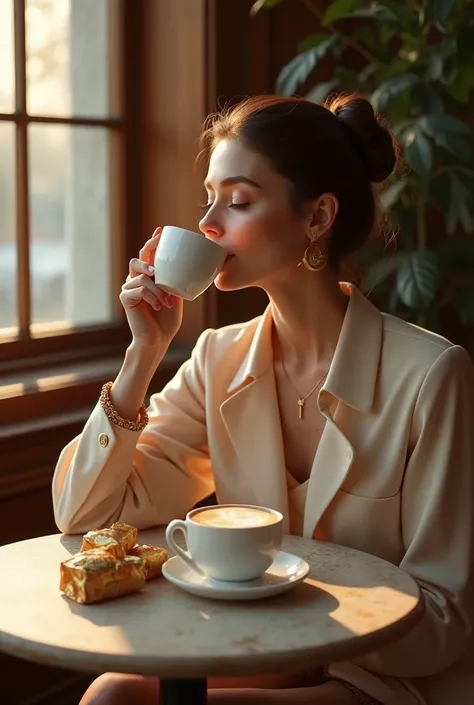 Create a scene where a woman is having coffee with a pocket coffe next to the cup.