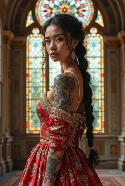 A bold woman in a modernized Renaissance dress, floral tattoos blending with fabric, elaborate braid, standing in a grand palace with stained glass