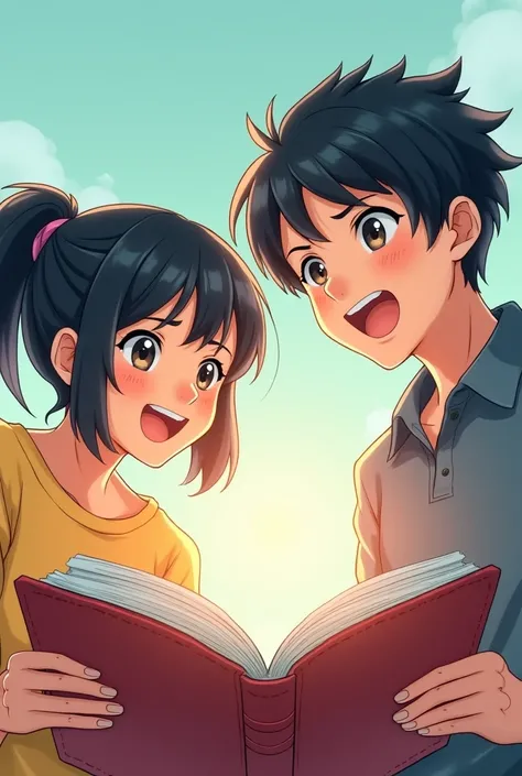 I create two unique motivated people who encourage students to learn logical and mathematical reasoning are opening a book on each side: a black-haired woman with bangs her main trait never gives up and a boy with black hair her main trait is cheerful and ...