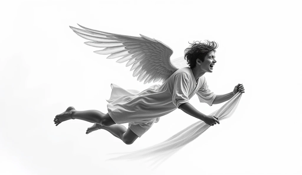 Make me an image that represents a young male angel ,  seen in a horizontal front position where his hand or lower arm can be seen in the foreground that is held a kind of cloth then backwards in a kind of perspective his face with an expression of frantic...