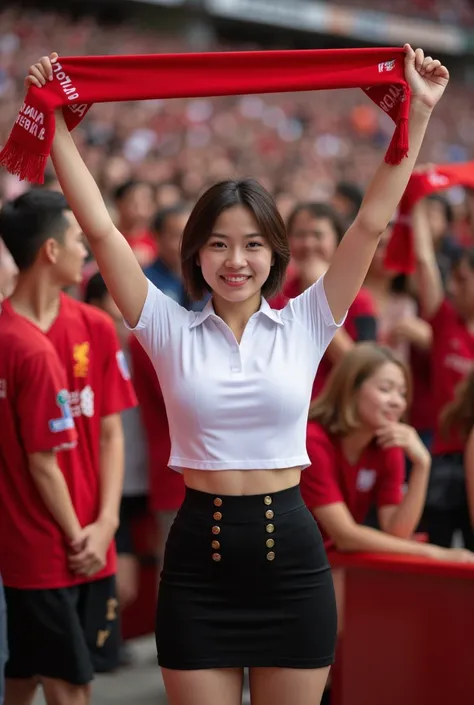 A highly detailed, photorealistic image of a beautiful Asian woman, 18 years old, with fair skin. She is happily standing in a crowd at Anfield Stadium, Liverpool, United Kingdom. She holds the Liverpool scarf and raises it above her head. She is also very...