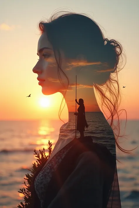  high quality ,  8k Ultra HD, Прекрасная  double exposure ,  that combines the silhouette of a goddess and a sunset on the coast,  sunset coast should serve as a backdrop , with its details, included in the silhouette of the goddess, clear lines, backgroun...