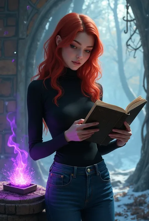  young witch in a black turtleneck and jeans with red hair,  who is reading a book and her gas is purple, the purple flame and everything around seemed to be frozen in the air 