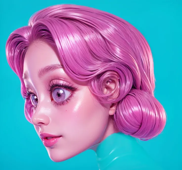 woman with perfect, highly detailed, and glossy skin. her skin is made of plastic. plastic skin. she is a doll. glossy plastic matherial. Her skin should be flawless and shiny. She has pink hair style in pigtails . She is wearing a shiny, blue latex coat, ...