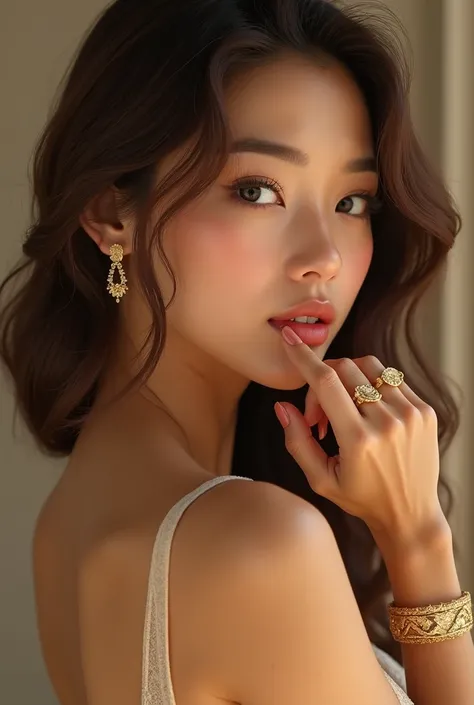 depicts a 25 year old girls face in profile and she holds one hand near her face and looks over her shoulder showing off the precious gold jewelry she is wearing, realistic image for advertising