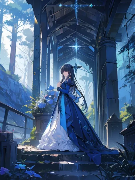 Artwork,  best quality, Marianne_Time Skip,  blue dress , Chapel, Dark alpine forest,  standing, night,  where there are a lot of dirty nets, Tronco,  detailed face  