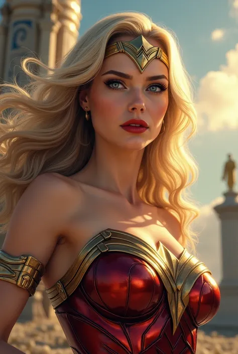 A beautiful woman, blonde, with blue eyes, red lipstick,  dressed as Wonder Woman 