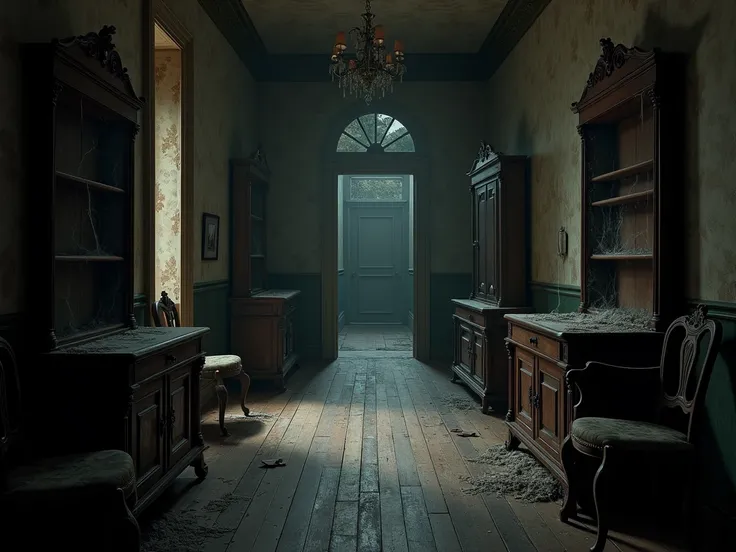 corridor of an old house from the last century. old antique furniture, melancholic and dark atmosphere 