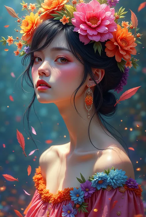 ( official art ,  A beautiful and aesthetic :1.2), ( 1girl:1.3),( fractal art :1.1),(Colorful:1.1)(flowers:1.3),The most detailed,(confuse:1.2),  full body, ( abstract background:1.3), ( shiny skin ), (many colors:1.4), ,(earrings), (feathers:1.5),