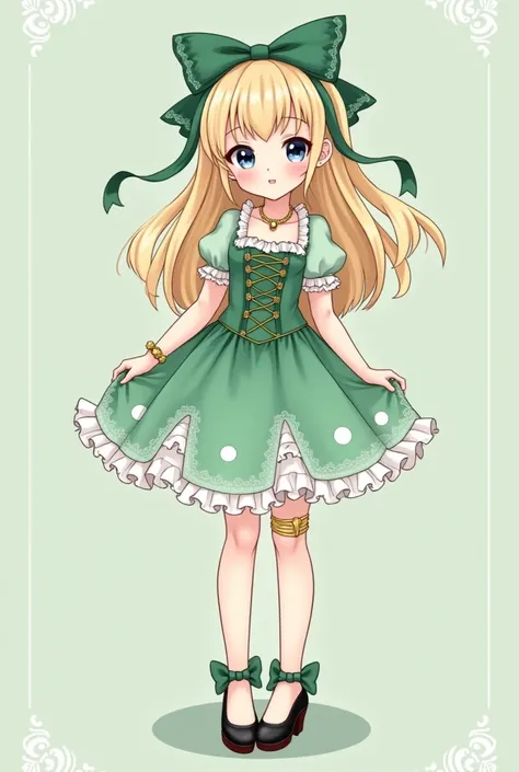 cute anime girl with one eye coloured greed and the other blue with a cute coquette light green dress with white lace and a slightly darker green corset with cute black heels coquette bows and a golden anklet