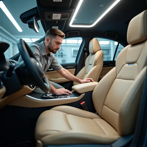 man detailing beige leather car seats in a profesional garage with white neon lights