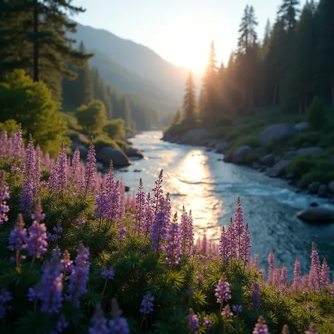 A beautiful view of a river with purple flowers in the foreground, photograph, high resolution, natural lighting, serene atmosphere, detailed textures, lush greenery in the background, captured during golden hour, masterpiece by Ansel Adams and Galen Rowel...