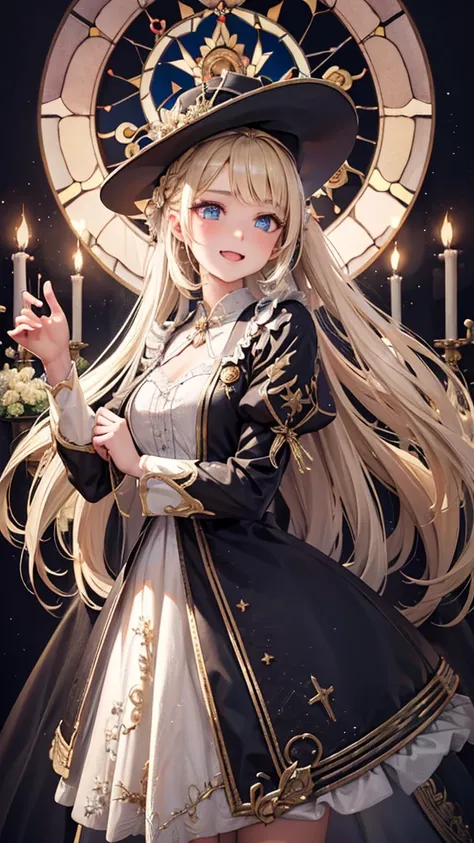 (1girl in),( absurdly , High quality , ultra-detailliert ),(Summer in the morning),(masutepiece),(Stained Glass Church),(Long-haired blonde twintails),（Blue Cleric Robe）,Clergys hat,(Cute 3D anime  girl rendering),Super Detailed Beautiful Girl,Solemn pose,...