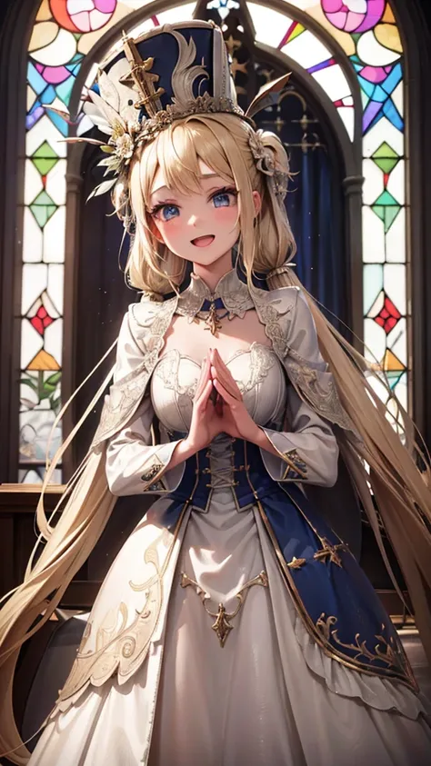 (1girl in),( absurdly , High quality , ultra-detailliert ),(Summer in the morning),(masutepiece),(Stained Glass Church),(Long-haired blonde twintails),（Blue Cleric Robe）,Clergys hat,(Cute 3D anime  girl rendering),Super Detailed Beautiful Girl,Solemn pose,...