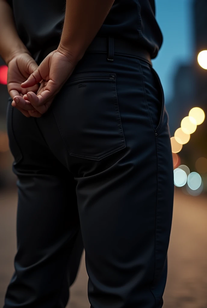 POV angle looking down at a mans black business pants and black shirt, revealing a subtle "dad bod" physique for a relatable, natural vibe. Captured with smartphone quality for a candid, unpolished feel. The texture of the fabric is sleek and professional,...