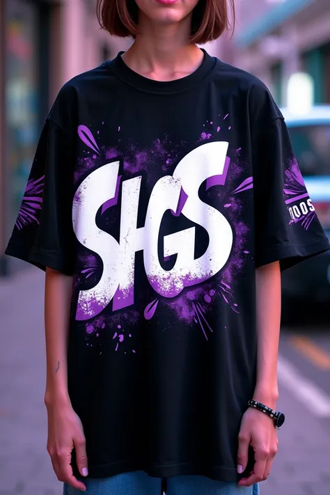 "Create an image of a reverse side of a high school t-shirt, , in black color,  with a modern and relaxed design ,  aimed at teenagers .  The t-shirt must be oversized , estilo street wear, that transmits comfort . ,  place a white and purple graffiti logo...