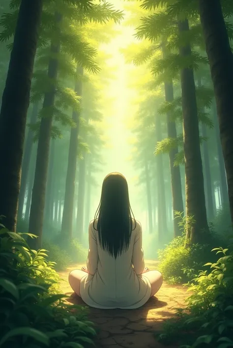 Hinata soul, agachada, in the middle of the forest, raio do sol passando no Half of the leaves   das árvores, Half of the leaves ,  Lord Jesus behind the Hinata 