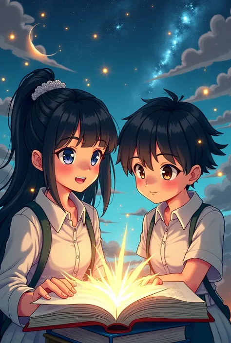 I think two unique motivated people who encourage students to learn logical and mathematical reasoning are opening a book on each side: a black-haired woman with bangs her main trait never gives up and a boy with black hair her main trait is cheerful and m...