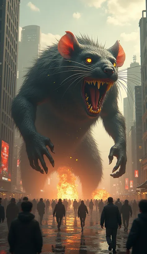 Giant radioactive mutant rat with smoke and radioactive liquid furious and roaring attacking the city and people running 