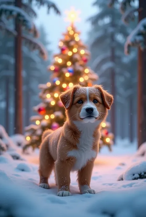 Dog with snow Christmas tree 