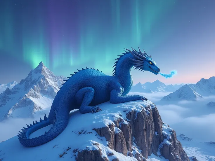 A massive, ancient dragon with scales glinting like sapphires curled atop a snow-covered peak under a starry sky. Frost clings to its wings, and faint blue smoke rises from its nostrils. Surrounding mountains fade into mist, while the aurora borealis dance...