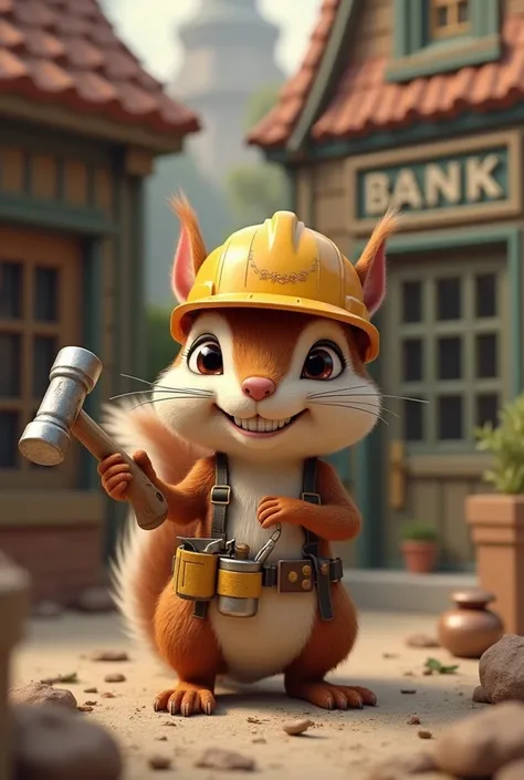 The savings bank squirrel with a construction hammer