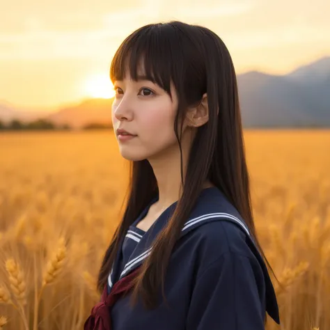 A young woman wearing a Japanese sailor uniform with long black hair, standing in front of a vast golden wheat field. The background features distant mountains under a serene sunset. Photorealistic style with soft, warm lighting.
