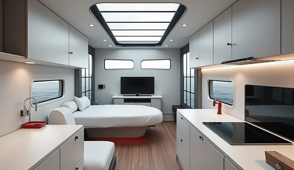 Heres a prompt for a Tesla motorhome interior:

"Design a futuristic Tesla motorhome interior that seamlessly integrates sustainable luxury and innovative technology. Incorporate the following features:

- Panoramic glass roof and large windows for an imme...