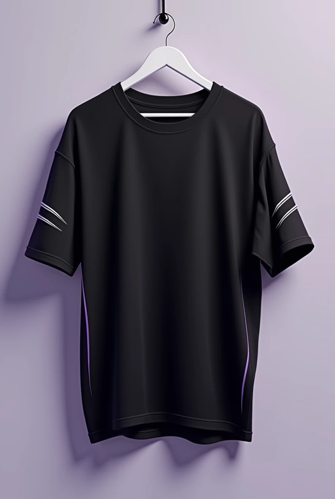 "Create an image of a reverse side of a high school t-shirt, , in black color,  with a modern and relaxed design ,  aimed at teenagers .  The t-shirt must be oversized , estilo street wear, that transmits comfort .  Add subtle details in purple and white ,...