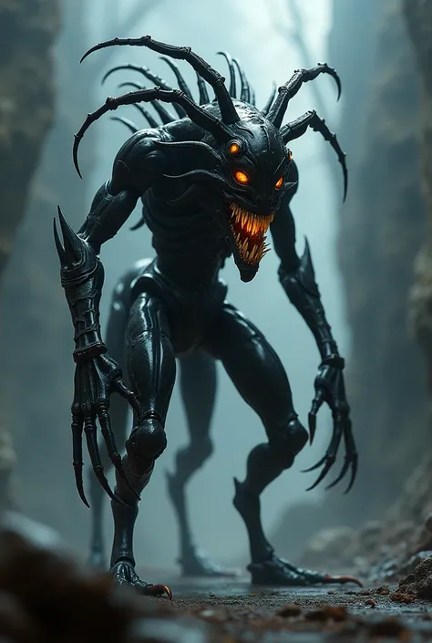 A creature with several arachnid eyes and a large mouth with sharp teeth, it has a humanoid torso and arms, the rest is morpholike and like a centaur with arachnid legs, it is covered with a typical technological black exoskeleton. It has long, thin and fl...