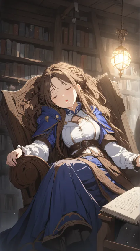 1 girl, (cute face), 18 years old, to many hairstyle, (sleeping:1.3), (drooling), large breasts, wearing fantasy game style Mages Clothes, for glossy skin, Sitting chair, leaning back, cowboy shot, Break 
medieval Library, spellbook on the desk, (high-key ...