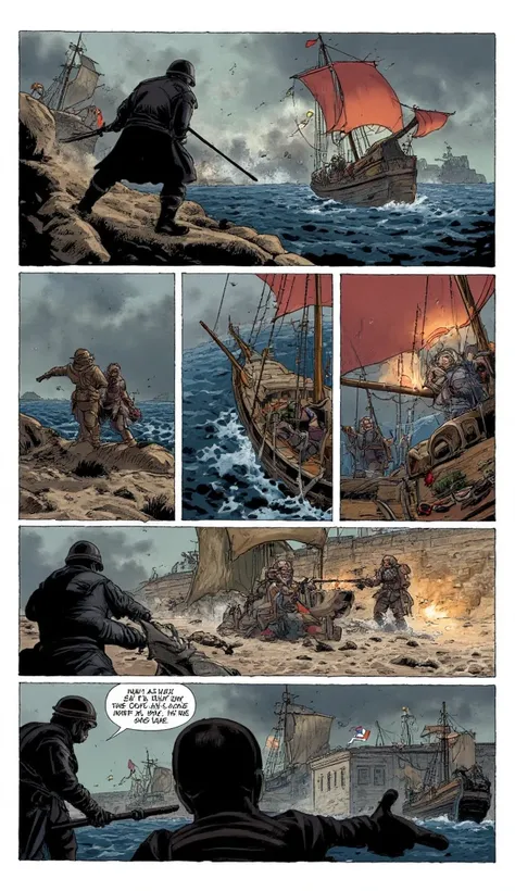 Storyboard, Comic panel layout with white border, Multi view, Immersive, Go Pro, Action Pose, Panels Battle scene. In 1451, the Ottoman Empire is besieging the city of Constantinople in the bay a naval battle is taking place Genoese galleons against Ottoma...