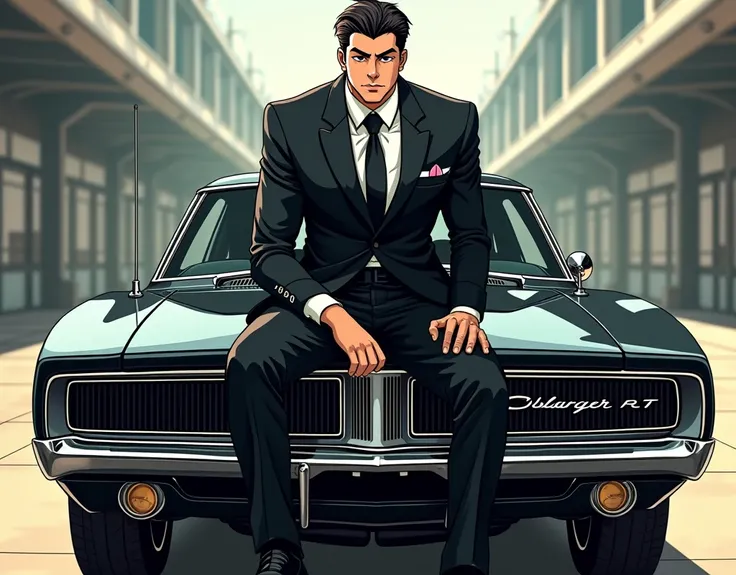 Man in black suite sitting in the front hood of a black 1970 Charger R/T.ANIME CARTOON STYLE DRAWING 