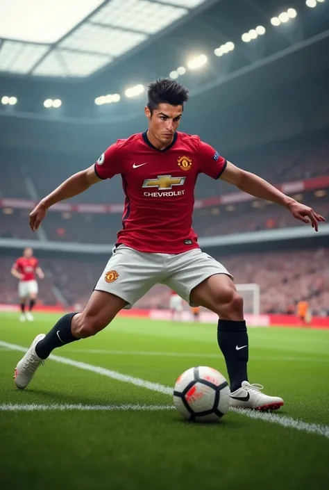 30 years old asian,, wearing Manchester United jersey,,white nike football boots,,manly chest,, full pose,, up short black hair,,perimeter 2,, realistic,, shooting at the ball,, field,, crowd old Trafford stadium