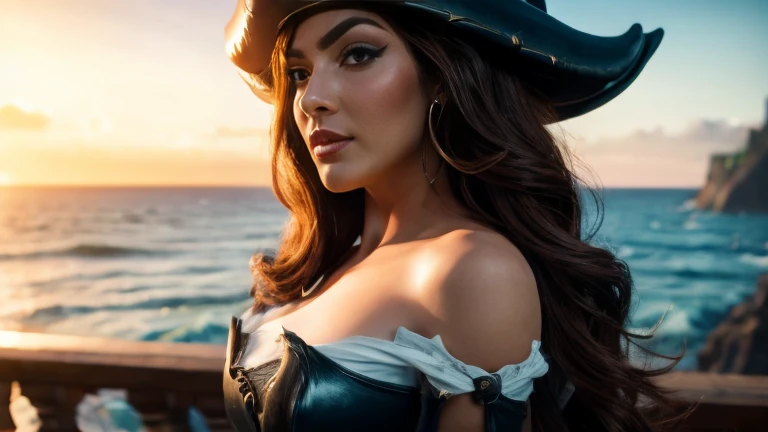  Miss Fortune League of Legends in pirate clothes with the sea in the background, Art 3D,  high detail photo,  hd quality realistic , superrealism, cosplay photo shoot 