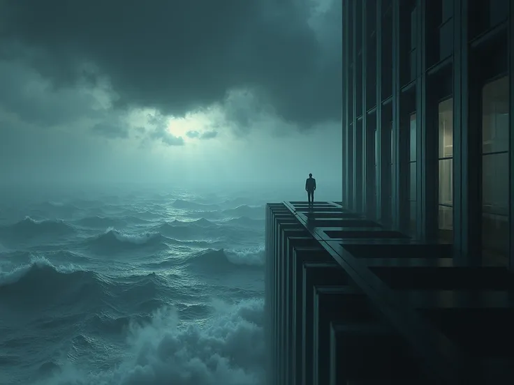 an office on the top of a building . and it is overviewing the sea(make it look like horror and terrifying scene)