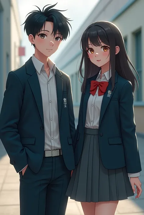 (photorealism:1.2) 2 couple, uniform, cool boy and cute girl, girl with hair bang, school,