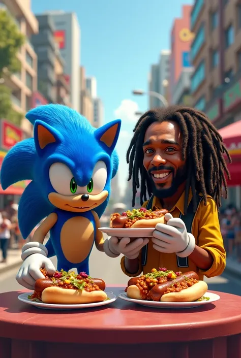 Sonic the hedgehog eating chili dogs with Bob Marley on Avenida Paulista on Monday afternoon