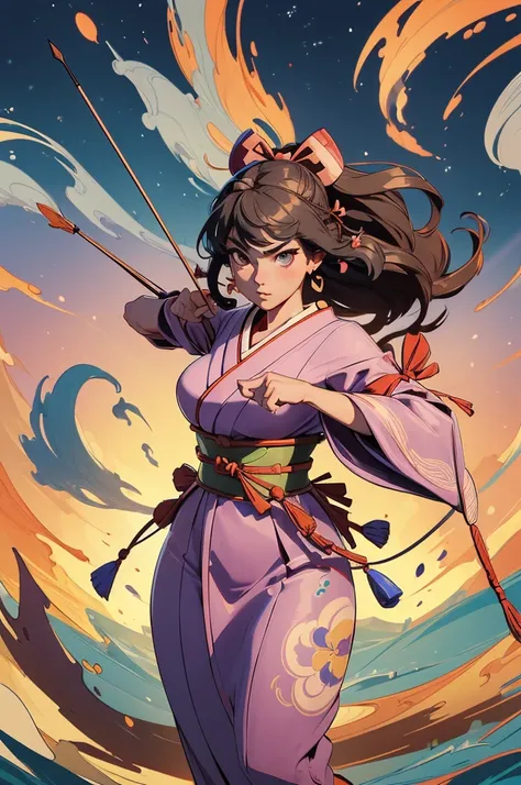 (Japanese bow:1.6), A full-body depiction of Kushinadahime, a master archer from Japanese mythology (nihonshinwa), poised with her massive five-person war bow. She stands gracefully, traditional royal attire flowing around her, adorned with intricate patte...