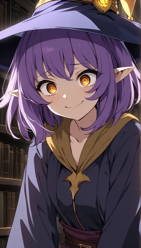 closed mouth, in dark library, crazy smile, short hair, mad smile, 1girl, elf, fantasy wizard, purple hair, golden eyes, fantasy wizard hat, fantasy wizard rob, dead eyes, yandere, best quality, amazing quality, very aesthetic, highres, incredibly absurd, ...