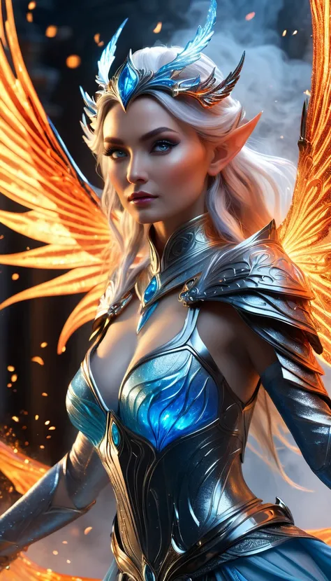 Close up,((Best quality, 8k, 32k, masterpiece,RAW photo, (realistic, photorealistic:1.3),best quality,highly detailed,masterpiece,ultra-detailed)) , ((powerful sorceress, casting magic), A captivating fairy of ice, lava, and tsunami: soaring upward on bio-...