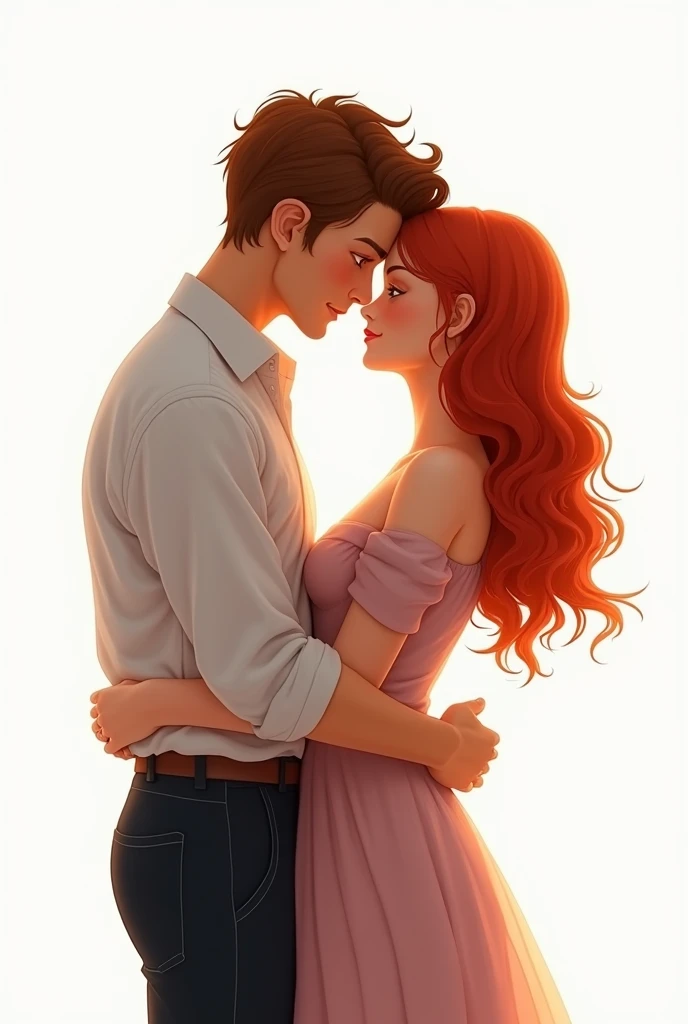 Couple holding each other by the waist from the back, madam, red hair, gentleman, chestnut hair on a white background 