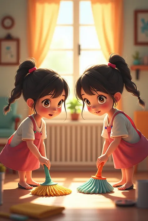 Make this twin girl helping each other cleaning the house 